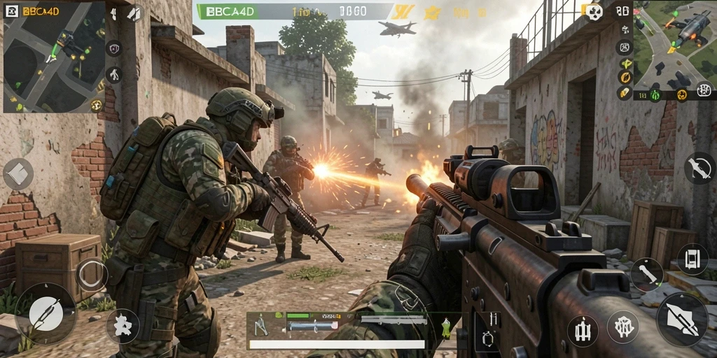 Tangkapan layar dari gameplay BBCA4D yang menunjukkan aksi tembak-menembak yang intens.