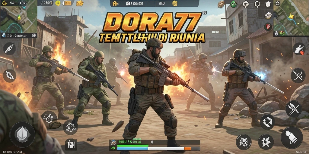 Screenshot utama DORA77 menampilkan aksi intens di tengah pertempuran Battle Royale.