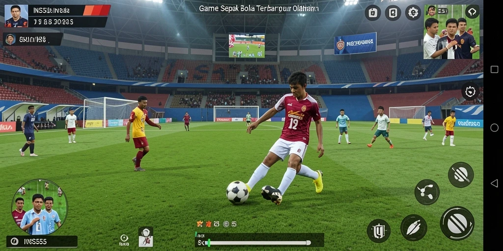 Screenshot utama menunjukkan aksi seru gameplay sepak bola.