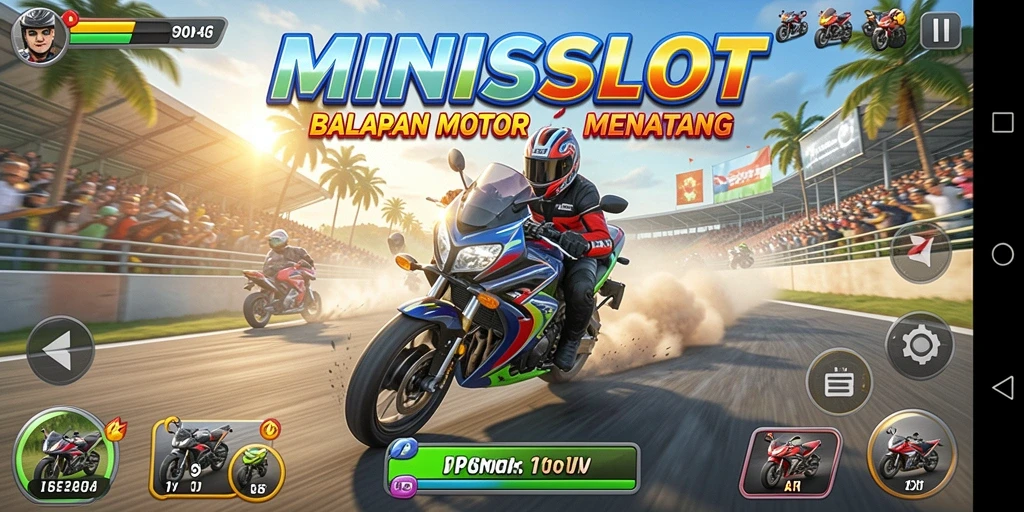 Gameplay MINISLOT dengan aksi balapan motor yang intens.